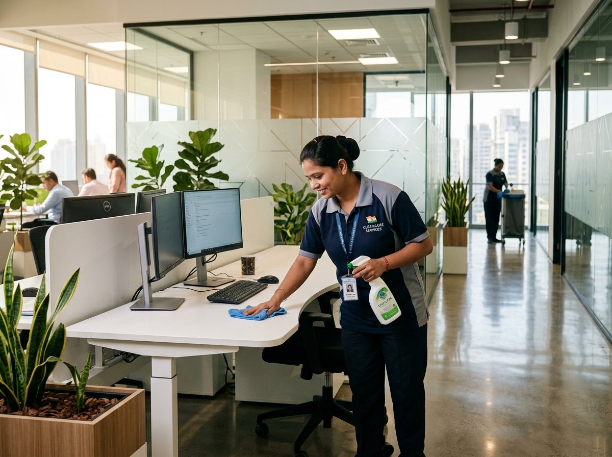 Professional commercial housekeeping and cleaning service by VERTEX in modern Indian office